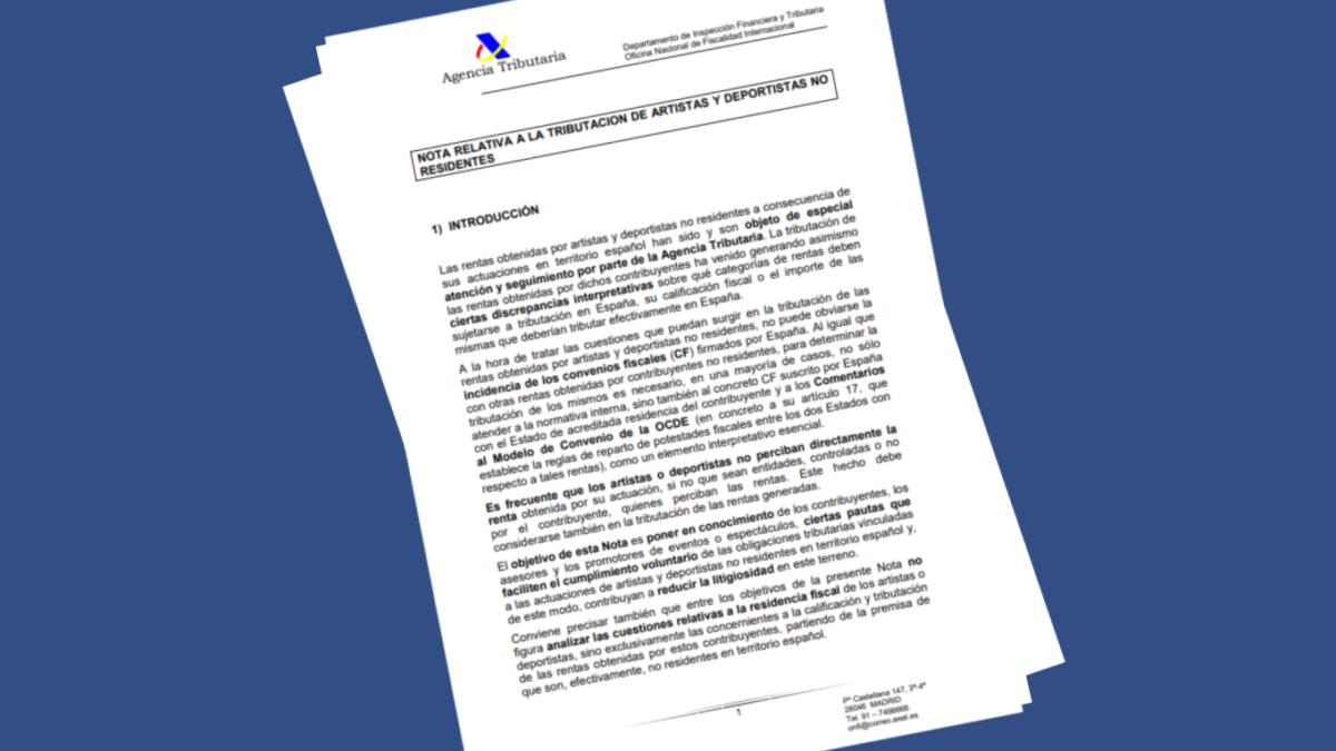 NOTA RELATIVA A LA TRIBUTACION DE ARTISTAS Y DEPORTISTAS NO RESIDENTES