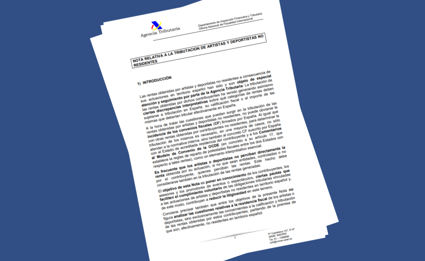 NOTA RELATIVA A LA TRIBUTACION DE ARTISTAS Y DEPORTISTAS NO RESIDENTES